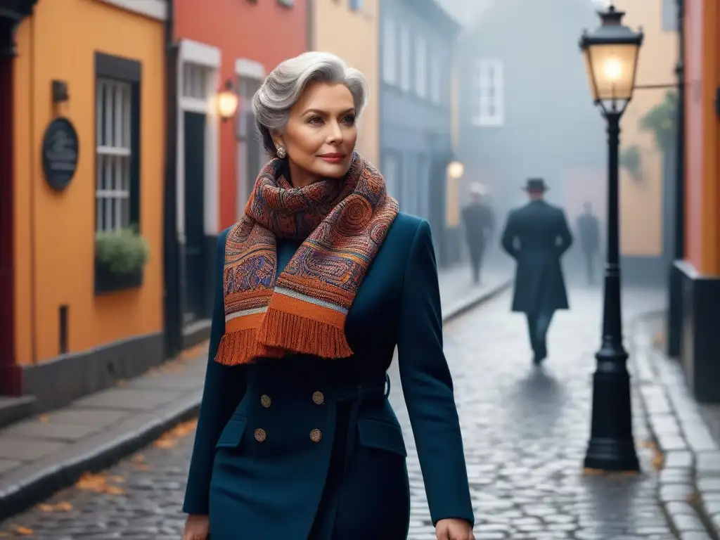 Una mujer elegante de 50 años con bufanda de punto estilo retro pasea por una calle adoquinada llena de nostalgia y sofisticación