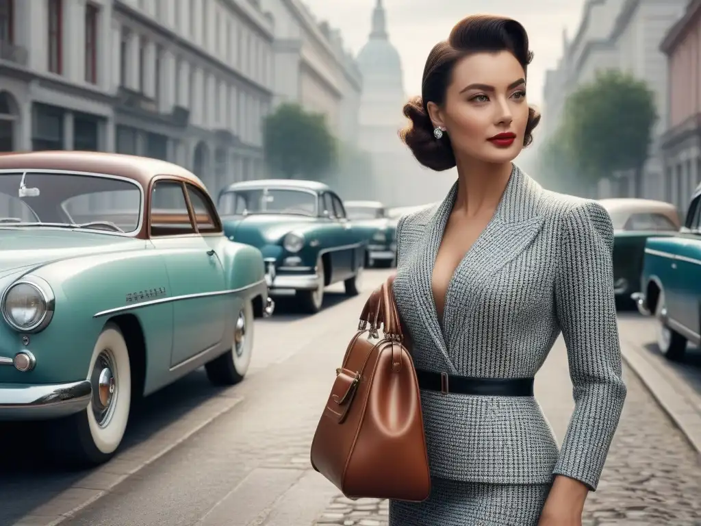 Mujer elegante en escena retro de los años 50 Una mujer elegante de los años 50 sostiene una cartera en cada mano frente a un carro vintage en una calle de la ciudad