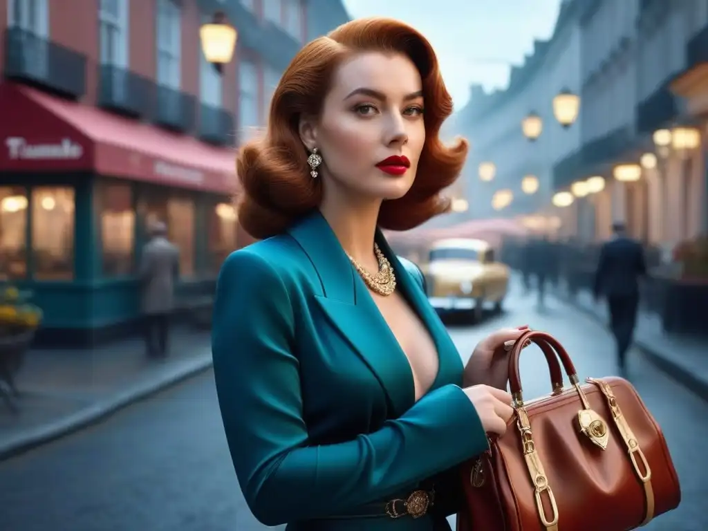 Mujer vintage con elegantes bolsos en la ciudad de los años 50 Una mujer elegante de los años 50 sostiene una cartera de mano y un bolso de hombro, en una escena retro comparativa de moda