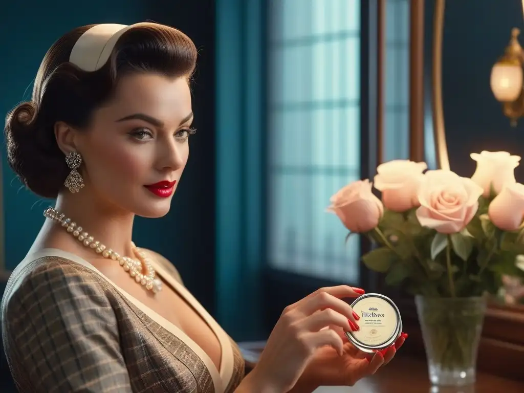 Mujer elegante de los años 50 aplicando cuidado de la piel vintage en un tocador retro con luz suave y encanto de la época