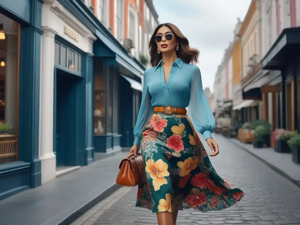 Estilo vintage en la ciudad: mujer con outfit colorido Una mujer elegante viste un atuendo vintage colorido, caminando por una calle de boutiques vintage moda contemporánea