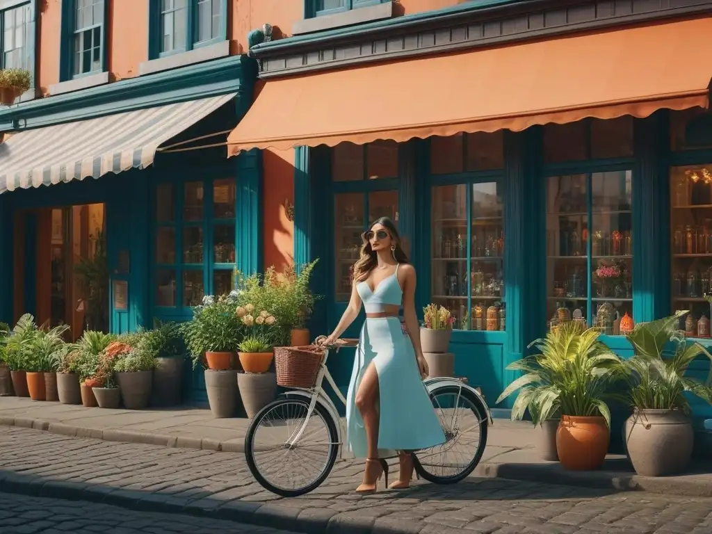 Una mujer elegante con cabello largo y gafas de sol vintage modernas frente a tiendas antiguas y bicicletas retro