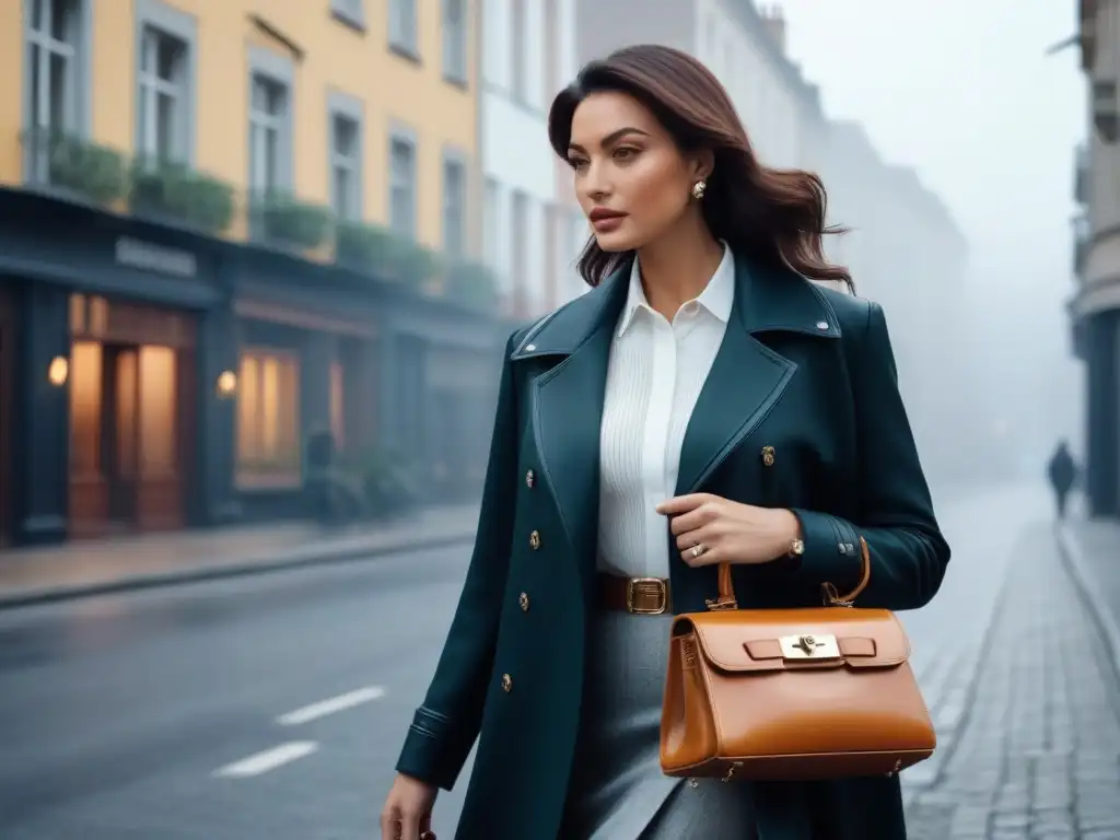 Elegancia urbana: mujer con bolso vintage en la ciudad Una mujer elegante pasea por la ciudad con un bolso vintage, combinando lo clásico con lo moderno, ideal para outfit vintage