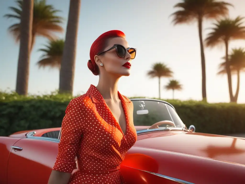 Estilo retro 1950: mujer elegante con gafas de sol y convertible vintage Una mujer elegante con gafas de sol retro años 50, posa con estilo frente a un descapotable vintage en un atardecer playero
