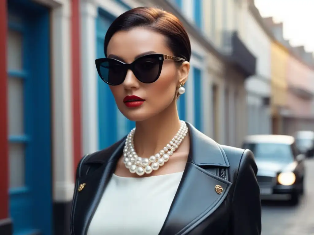 Estilo moderno con toque vintage: mujer elegante en la ciudad Una mujer elegante combina moda moderna con accesorios retro en una calle urbana chic