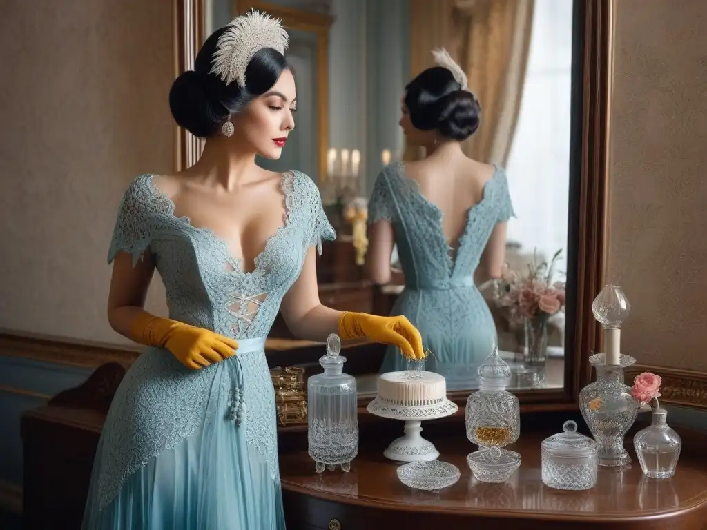 Mujer elegante de la década de 1910 frente al espejo: moda vintage Una mujer elegante de la moda retro del siglo XX, con vestido de encaje, sombrero de ala ancha y guantes, frente a un espejo
