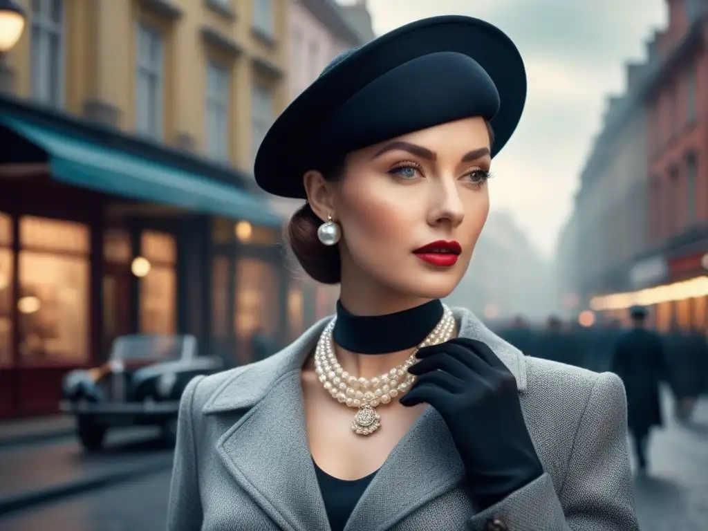 Estilo vintage: mujer elegante en la ciudad Una mujer elegante en la moda vintage del siglo XX, con accesorios retro, en una bulliciosa calle de la ciudad