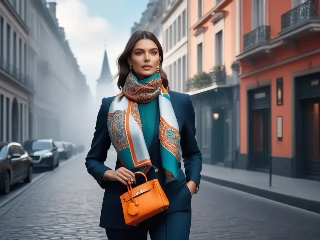Mujer elegante con pañuelo Hermès en la ciudad Una mujer elegante con un pañuelo de seda Hermès moderno camina por una bulliciosa calle de la ciudad
