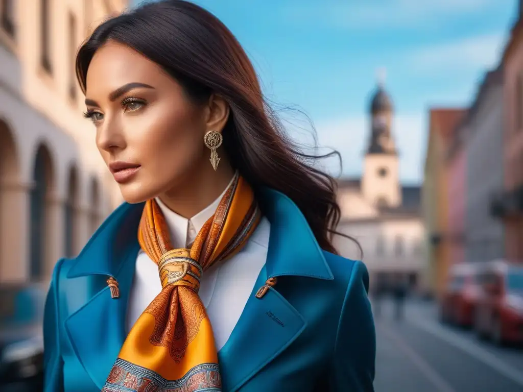 Estilosa mujer con pañuelo de seda Hermes en entorno urbano Una mujer elegante luce un pañuelo de seda Hermes moderno en un entorno urbano sofisticado