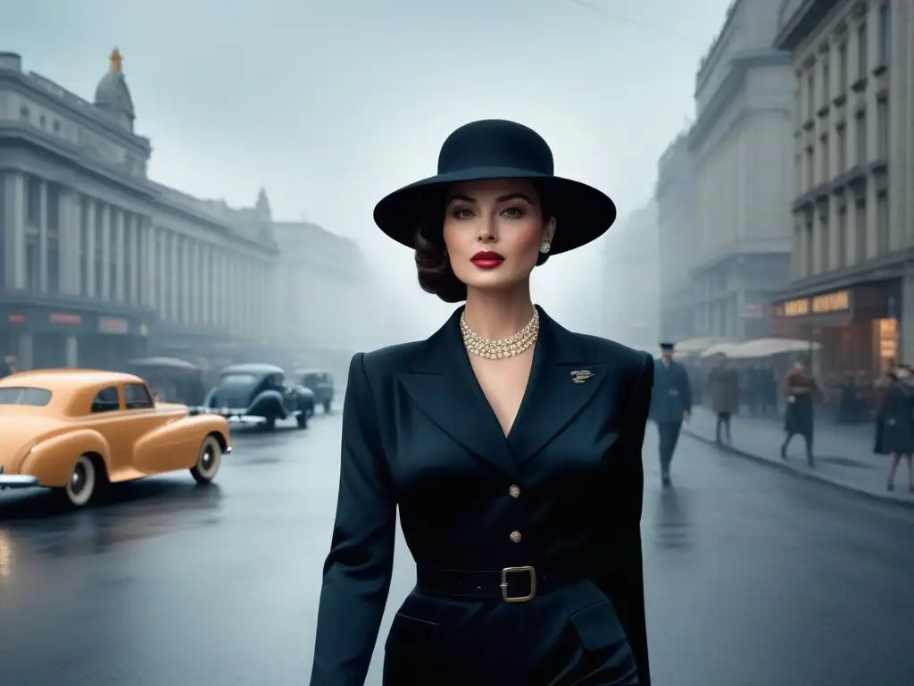 Dama vintage con sombrero elegante en la ciudad de los años 40 Una mujer elegante con sombrero retro camina por la bulliciosa calle de la ciudad en los años 40
