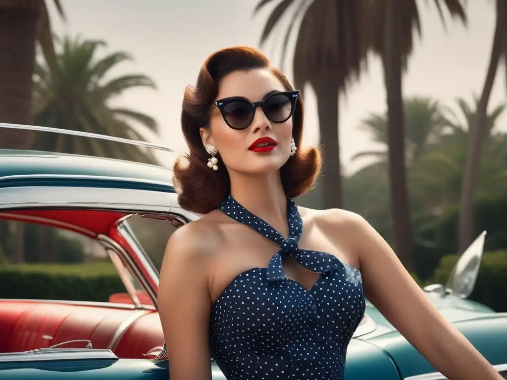 Vintage glamour: mujer estilo años 50 junto a un descapotable Una mujer elegante con vestido de lunares y gafas de sol retro años 50 posa junto a un auto vintage bajo el sol