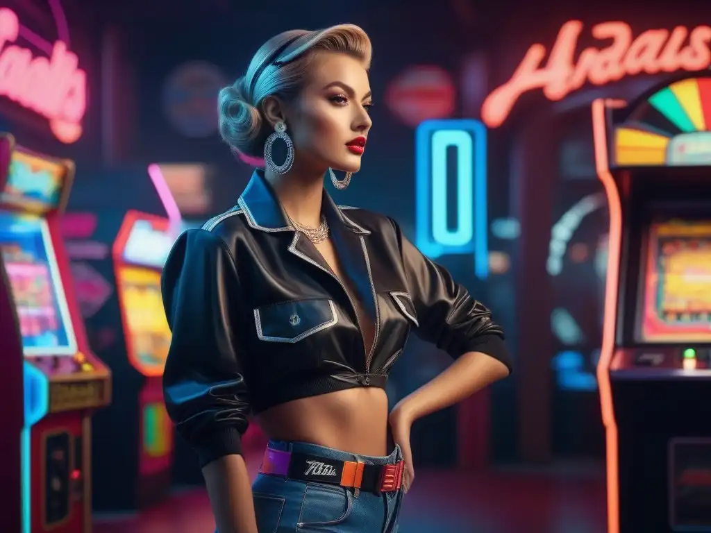 Una mujer con estilo en un outfit vintage de los 80, luciendo accesorios icónicos