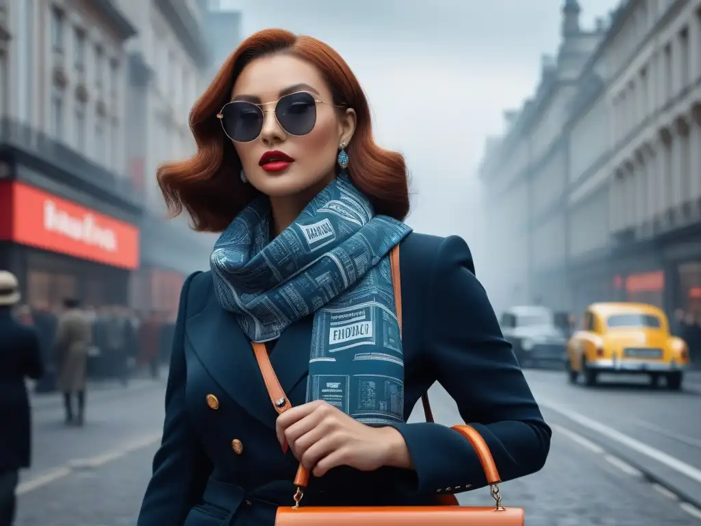 Una mujer fashion en la ciudad, con moda retro accesorios siglo XX, rodeada de pantallas digitales