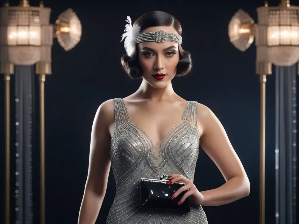 Dama glamurosa de los años 20 con accesorios icónicos Una mujer glamorosa de los años 20 con accesorios icónicos moda retro siglo XX