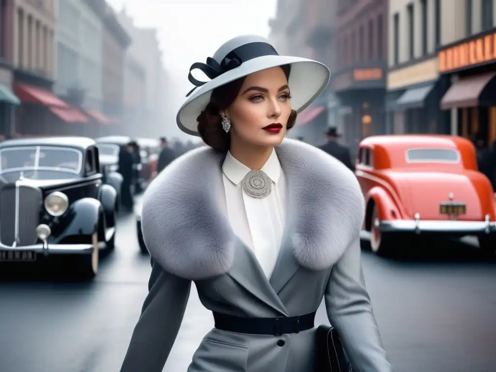 Chic mujer de los años 30 pasea por la ciudad Una mujer glamorosa de los años 30s pasea por la bulliciosa ciudad con accesorios cinematográficos moda retro años 30s