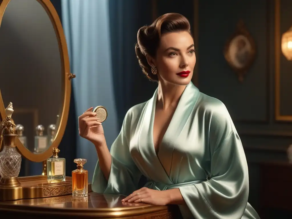 Una mujer glamorosa de los años 50 aplicando crema facial frente a un tocador vintage, en un momento de cuidado de la piel años 50