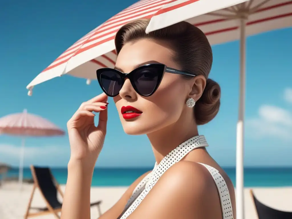Divina mujer de los años 50 con gafas de sol cateye en la playa retro Mujer glamorosa de los años 50 con gafas de sol retro, bajo el sol en una playa vintage