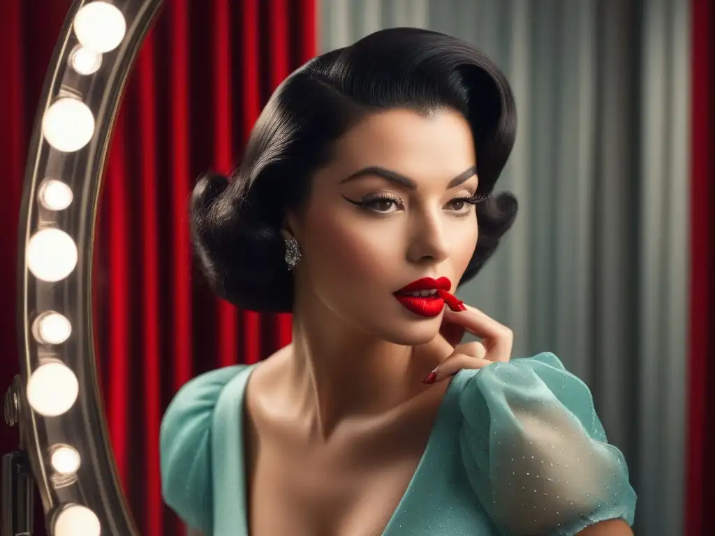 Clásico glamour de Hollywood: mujer de los 50 aplicando lápiz labial rojo Mujer glamorosa de los años 50 aplicando lápiz labial rojo en un espejo vintage, evolución del lipstick en moda retro