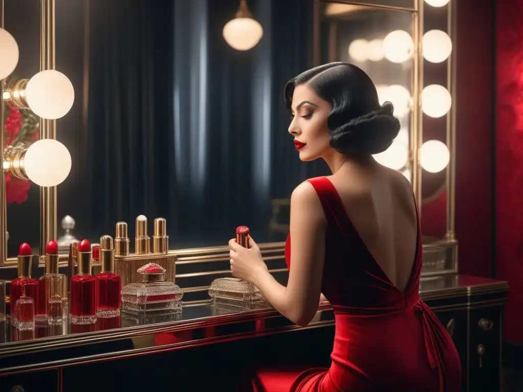 Época dorada: mujer glamurosa de los 30s con labios rojos Una mujer glamorosa de los años 30 aplica un labial rojo en un lujoso vestidor estilo Art Deco