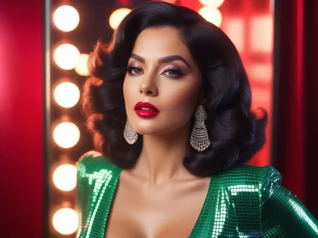 Retrato glamuroso de mujer disco de los 70 con maquillaje rojo intenso Una mujer glamorosa de los años 70 aplica lápiz labial rojo frente a un espejo vintage rodeada de luces de discoteca