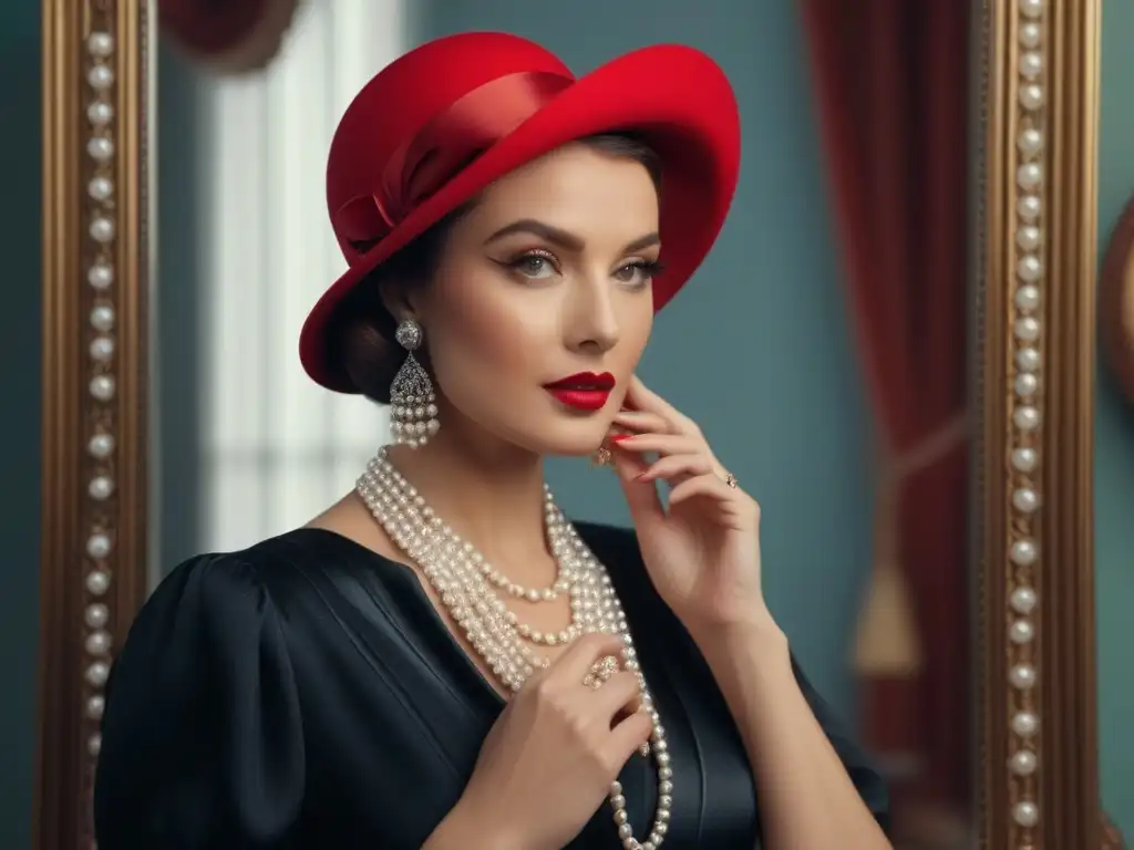 Imagen realista de mujer elegante de los años 30 ajustando su lipstick Mujer glamorosa de los años 30 ajustando su lápiz labial frente al espejo vintage