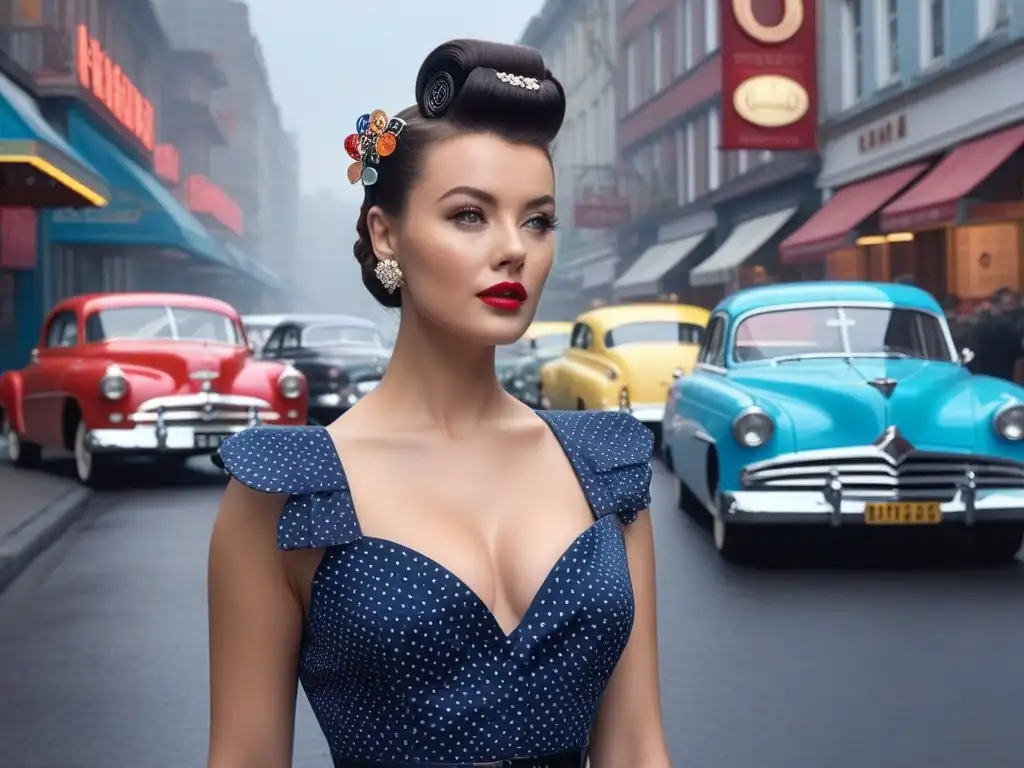 Dama vintage con peinado glamoroso y coloridos accesorios para el cabello Una mujer glamorosa de los años 50 con peinado victoria rolls y horquillas coloridas, viste un elegante vestido de lunares, evocando la moda retro