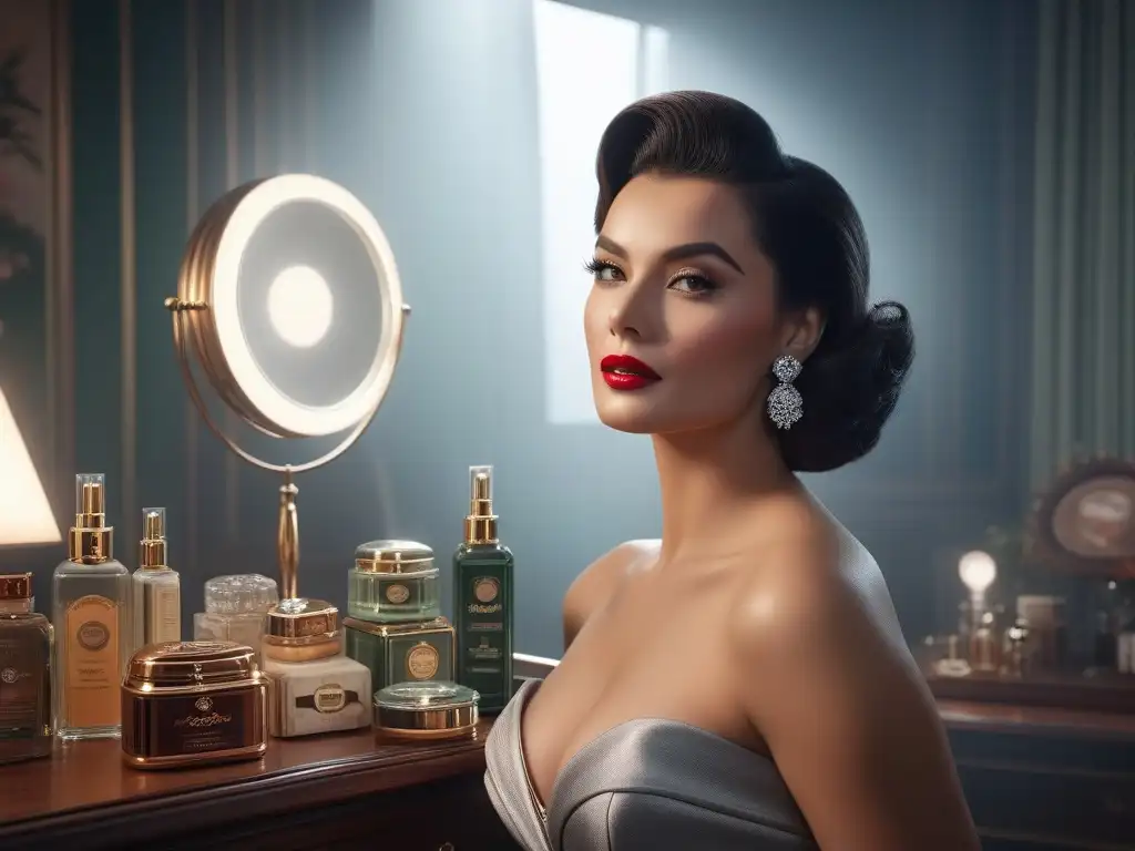 Una mujer glamorosa en los años 50 rodeada de productos de cuidado de la piel vintage, irradiando elegancia