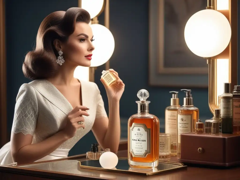 Una mujer glamorosa de los años 60 aplica tónico facial vintage en un elegante tocador