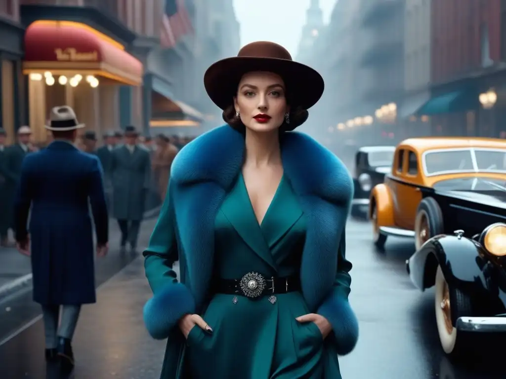 Mujer glamorosa de los años 30 pasea por la ciudad Una mujer glamorosa camina por una bulliciosa calle de la década de 1930 con accesorios cinematográficos moda retro años 30s