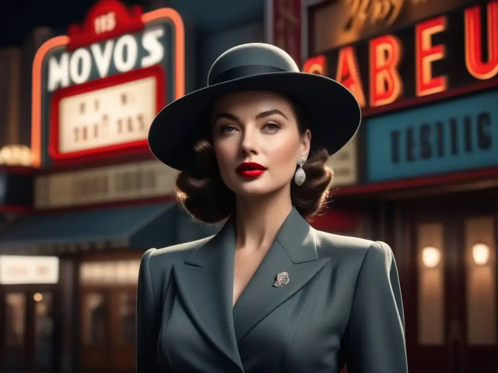Encanto vintage: mujer glamorosa en marquesina de cine clásico de los años 40 Mujer glamorosa en un cine vintage con moda retro películas años 40