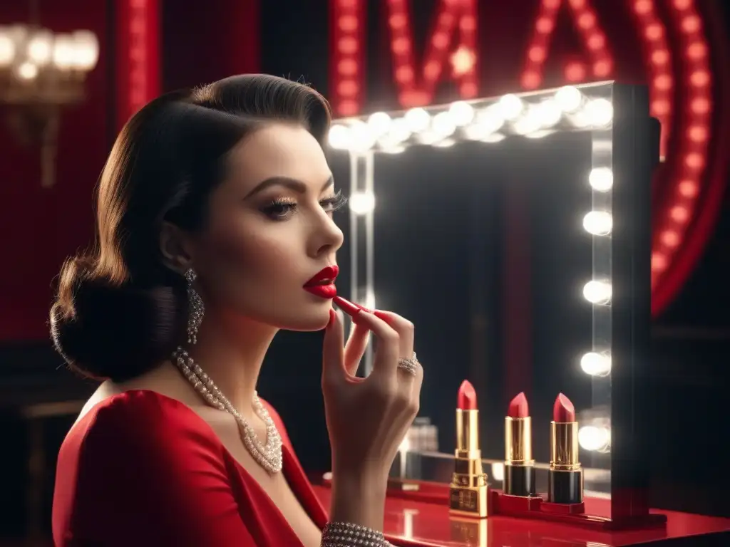 Maquillaje vintage: mujer glamorosa aplica labial rojo frente al espejo Una mujer glamorosa aplica un labial rojo clásico frente a un espejo con luces vintage de Hollywood