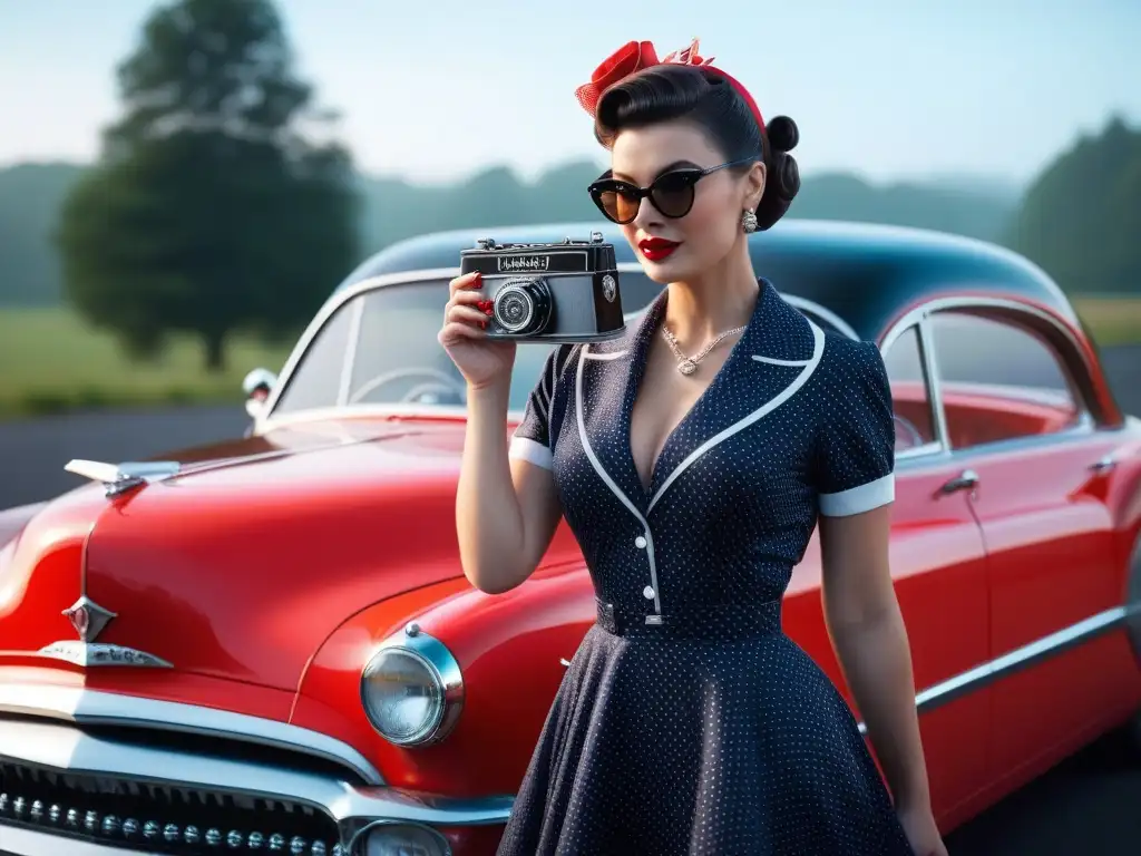 Estilo vintage: mujer glamorosa de los años 50 posa junto a un clásico Una mujer glamorosa con moda retro años 50 tendencias frente a un coche clásico y una rockola