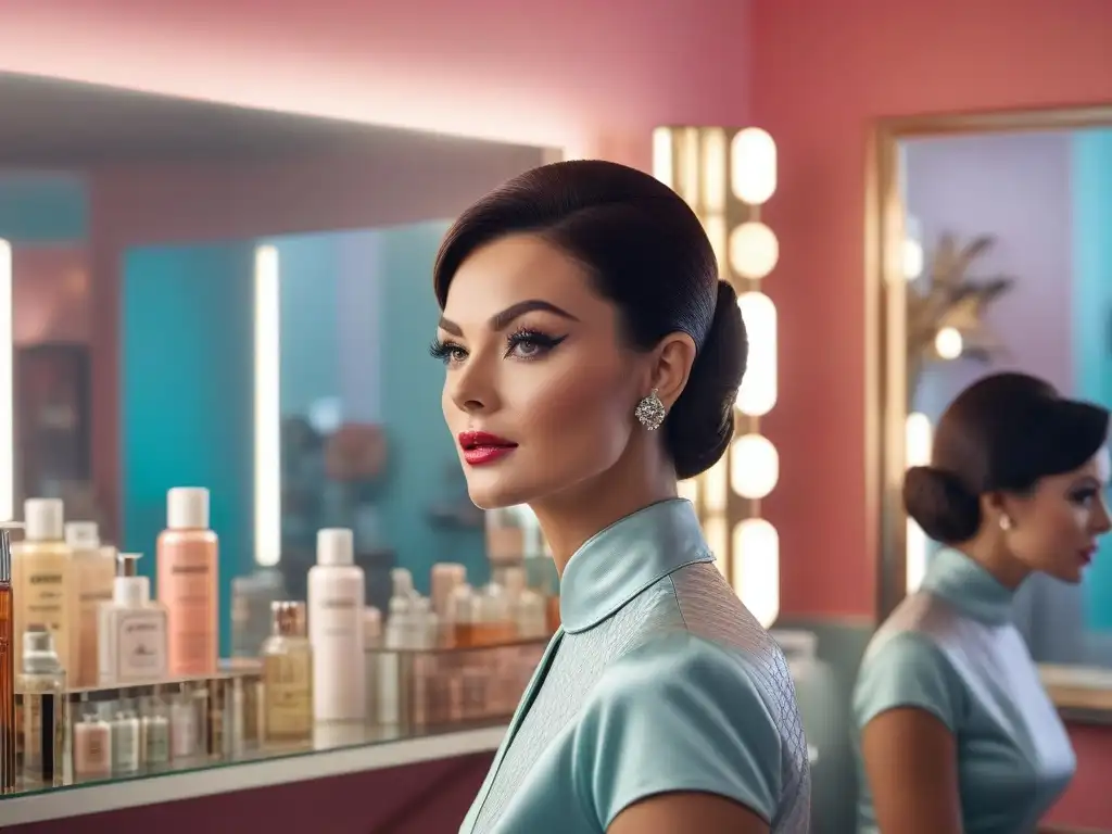 Una mujer glamorosa aplica un tónico facial clásico en un salón vintage de los años 60 con decoración retro