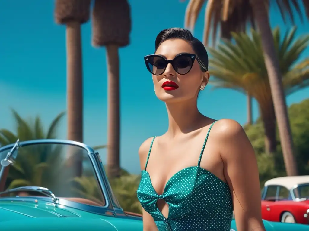 Mujer vintage en traje de baño de lunares y gafas de sol retro posando junto a un descapotable turquesa de los años 50 bajo el sol brillante Mujer glamorosa con traje de baño de lunares y gafas de sol retro años 50, junto a un coche descapotable turquesa