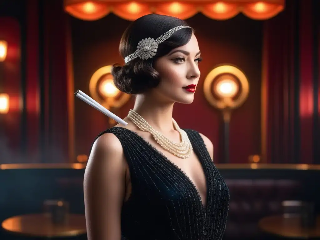 Una mujer glamorosa en un vestido de los años 20, con boquillas largas accesorio retro, destacando en un club de jazz vibrante