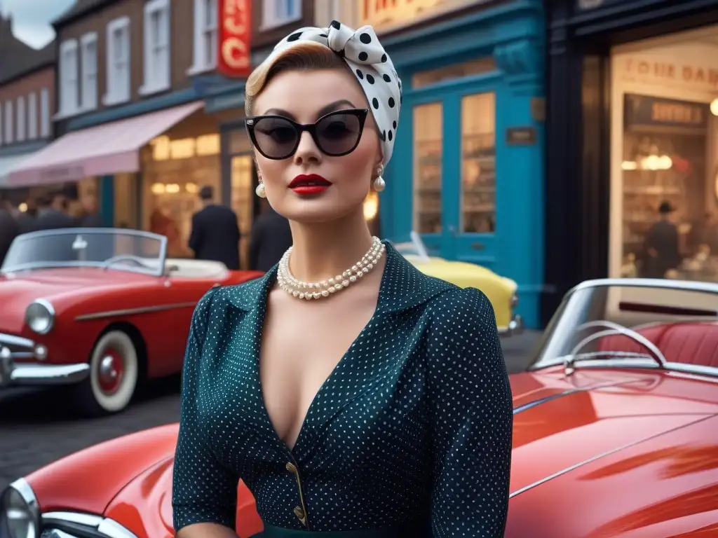 Imagen retro: Mujer glamorosa de los años 50 con accesorios icónicos Mujer glamurosa de los años 50 posa con accesorios icónicos moda retro siglo XX
