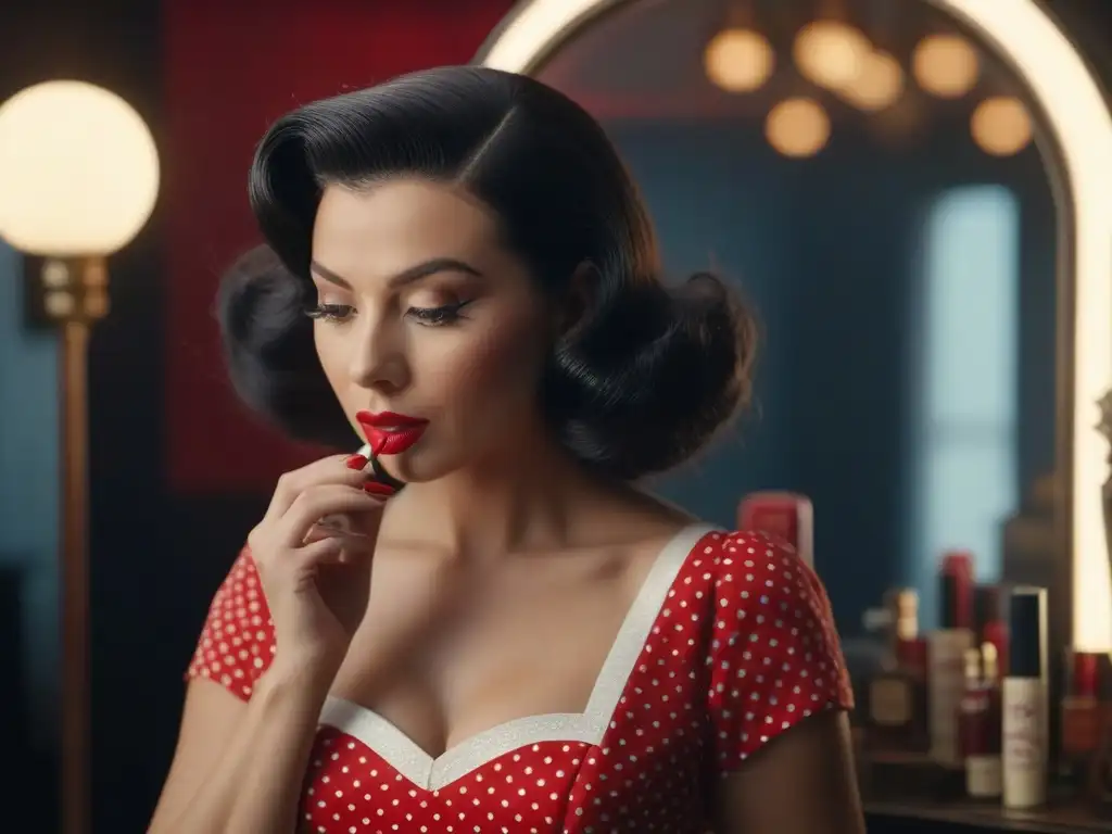 Imagen vintage: mujer glamour años 50 aplicando lápiz labial rojo Mujer glamurosa de los años 50 aplicando una barra de labios icónica frente a un espejo vintage, rodeada de productos de belleza retro