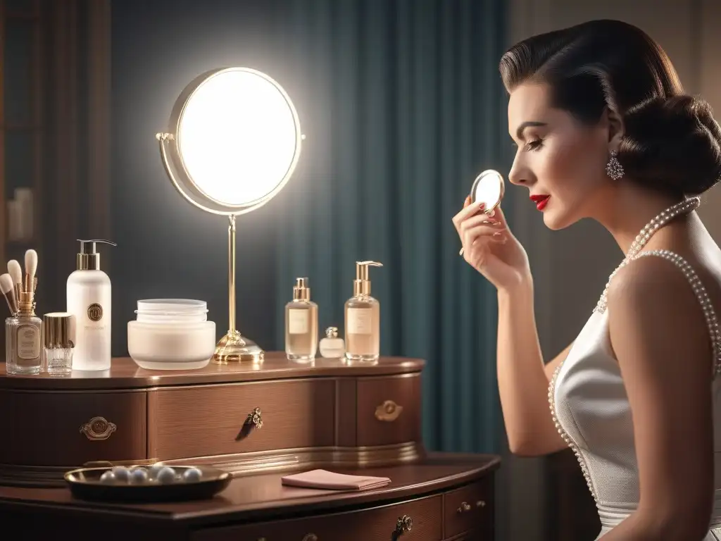 Mujer glamurosa de los años 50 aplicando cuidado de la piel con elegancia en su tocador vintage