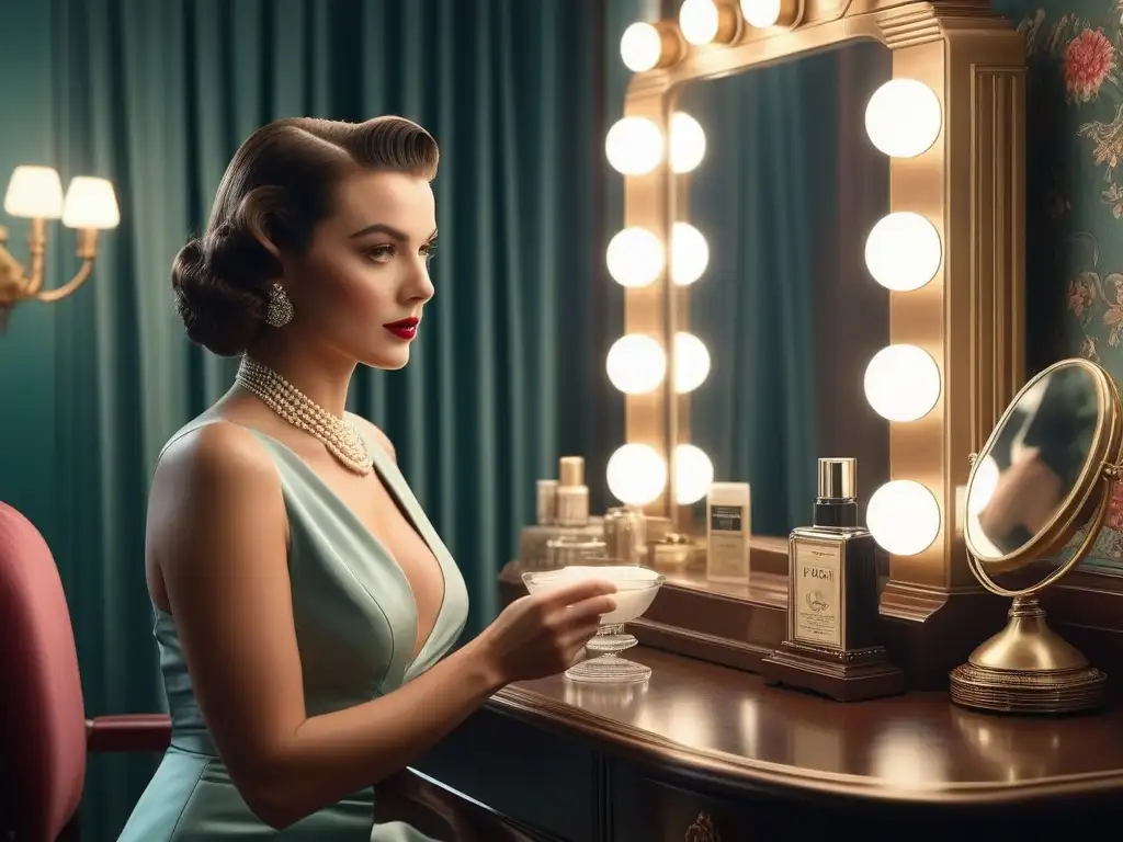 Belleza vintage: mujer glamorosa de los años 40 aplicando mascarilla Una mujer glamurosa de los años 40 aplicando una mascarilla facial en un tocador vintage, evocando elegancia y sofisticación