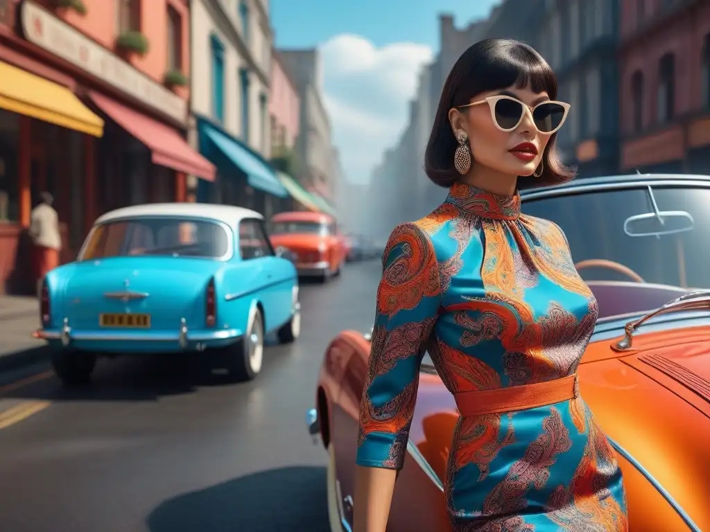 Una mujer glamurosa de los años 60 con un vestido psicodélico y accesorios retro, frente a un auto vintage y luces de neón