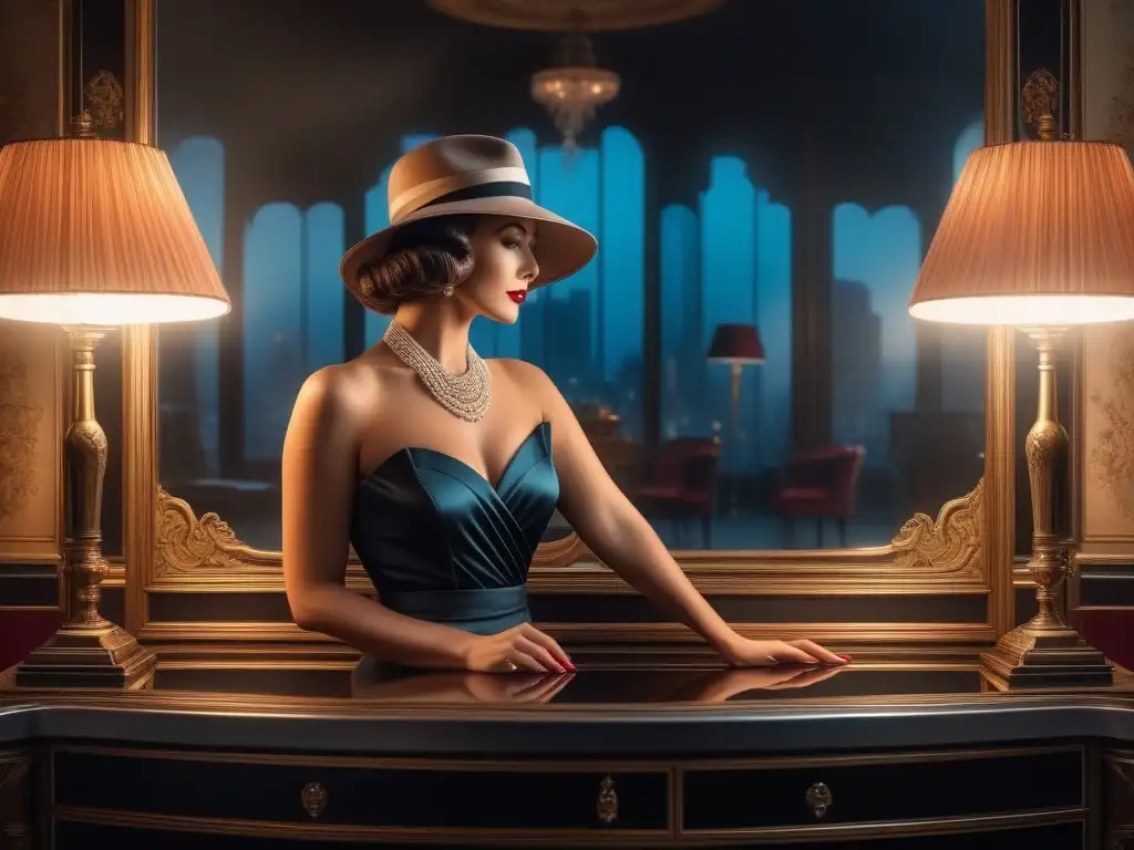 Mujer glamurosa ajustando su sombrero en espejo vintage - Arte Deco 1930 Una mujer glamurosa ajustando su sombrero en un espejo vintage, rodeada de un escenario urbano de los años 30