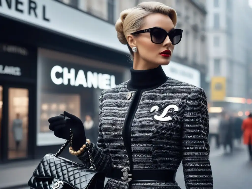 Una mujer glamurosa en un traje vintage de Chanel de los 60, frente a una publicidad icónica de Chanel en la calle