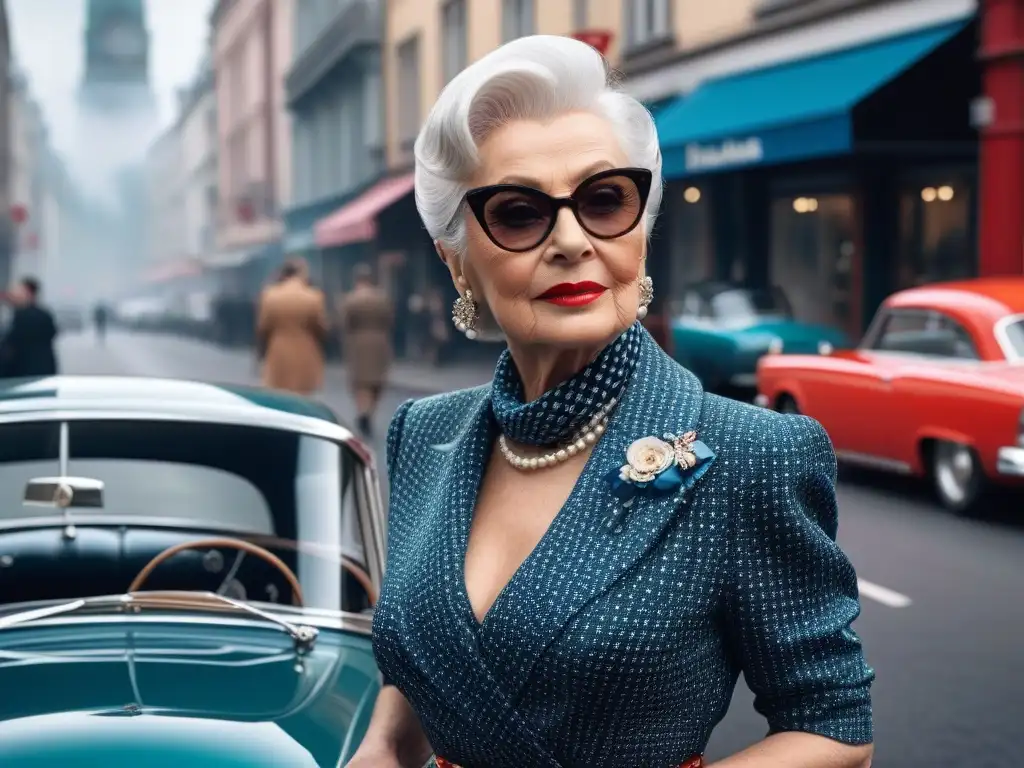 Estilo vintage: mujer mayor posa con elegancia en coche clásico Mujer mayor redefine estilo retro, posando con elegancia en un carro clásico mientras la ciudad moderna bulle a su alrededor