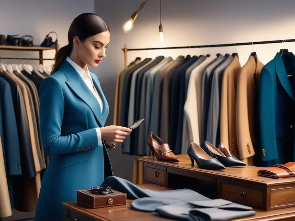 Exploración detallada en boutique de lujo con ropa vintage Una mujer profesional examina con detalle moda vintage en una boutique chic