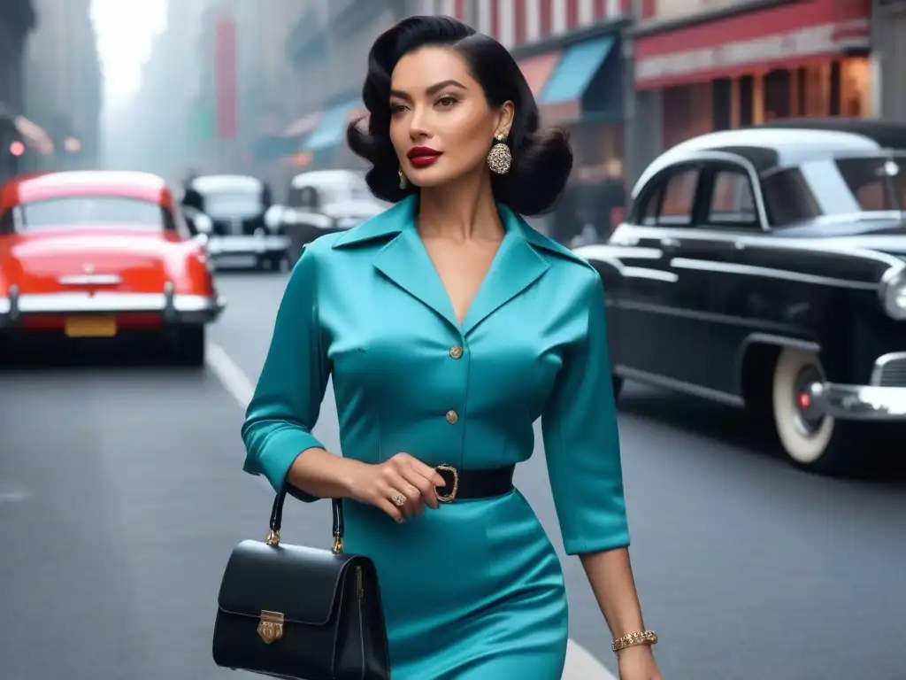 Mujer vintage empoderada con bolso retro en la ciudad Una mujer retro empoderada camina por la ciudad con un bolso vintage, reflejando la historia de los bolsos de mano retro femeninos