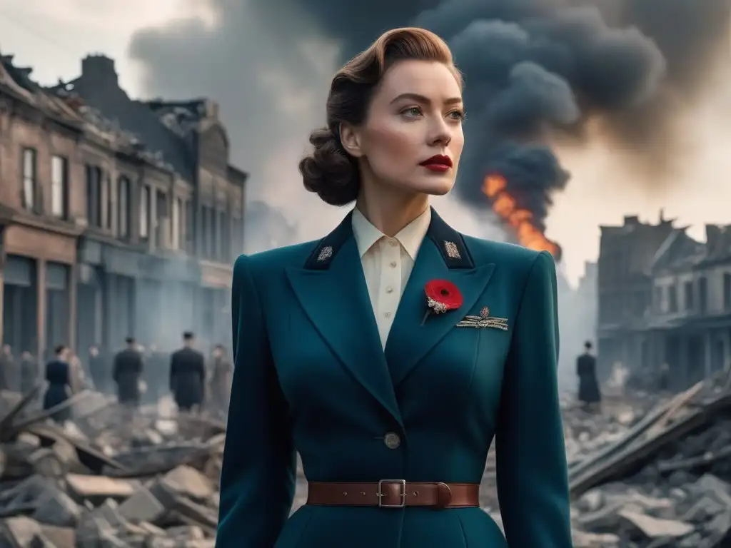 Resiliencia en la Guerra: Mujer de la Década de 1940 entre Ruinas Una mujer en traje de los años 40, entre escombros de una ciudad en guerra, muestra transformación moda femenina por guerras