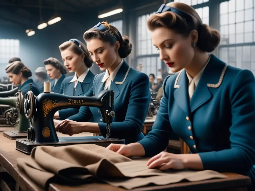Moda de guerra: mujeres en fábrica textil de los años 40 Mujeres trabajan en fábrica textil de los 40, reflejando la transformación industria moda Segunda Guerra
