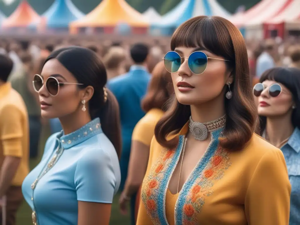 Multitud diversa en festival de música de los años 60 con moda retro y ambiente vibrante