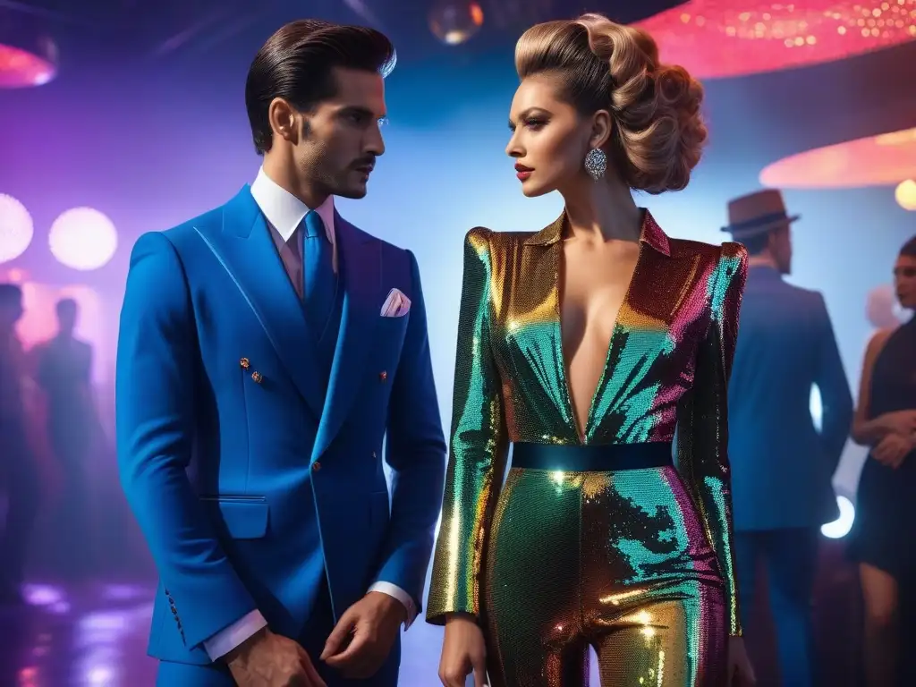 Época dorada: multitud glamurosa en estilo Studio 54 Una multitud glamurosa en moda retro en Studio 54, con vestidos de lentejuelas, solapas anchas, pantalones acampanados y peinados extravagantes