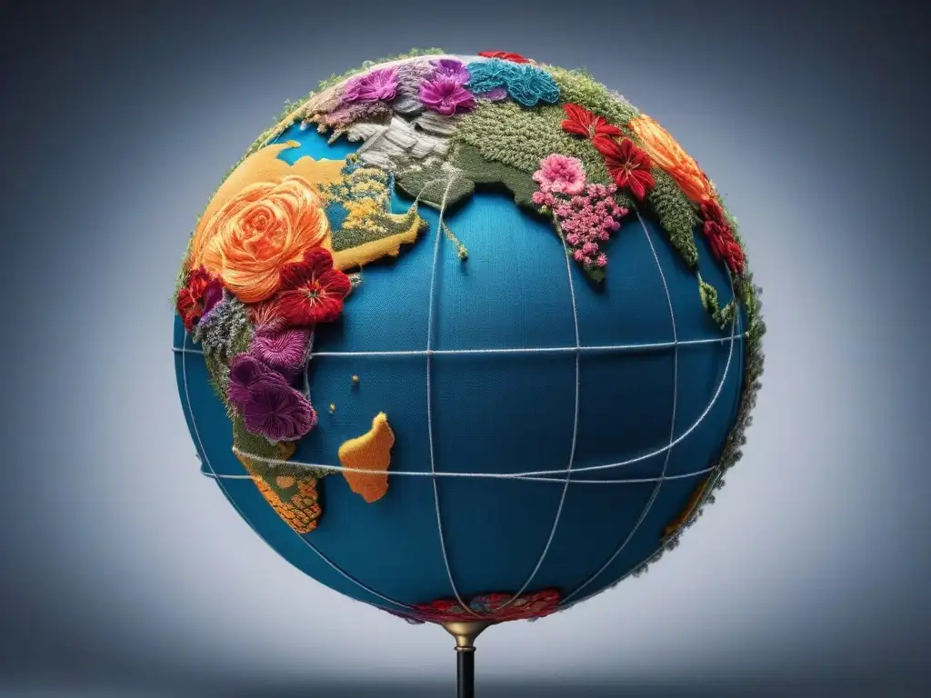 La globalización de la moda: un mundo de telas y colores Un mundo de patrones: una esfera estilizada con múltiples patrones de tela que representan la moda global retro